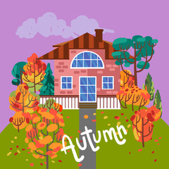 A cute house among autumn bright trees. Beautiful vector illustration. - 520600285