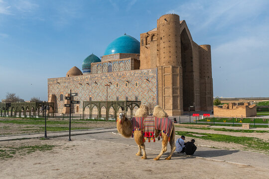 Bactrian camel in front of the Mausoleum of Khoja Ahmed Yasawi, UNESCO World Heritage Site, Turkistan, Kazakhstan