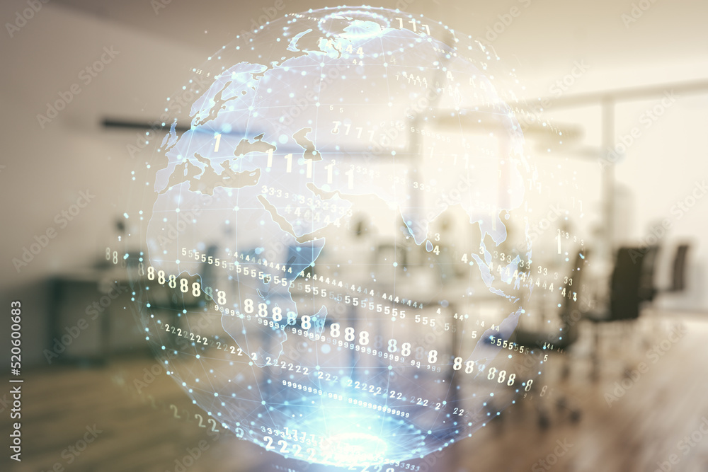 Poster multi exposure of abstract programming language hologram and world map on a modern furnished office 