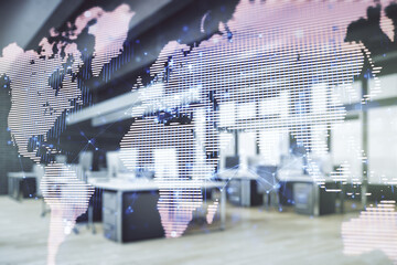 Abstract creative world map interface on a modern furnished office background, international trading concept. Multiexposure