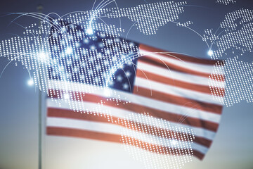 Abstract virtual world map with connections on USA flag and sunset sky background, international trading concept. Multiexposure