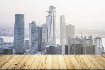 Table top made of wooden dies with New York city view on background, template