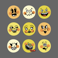 Fototapeta premium Smiley retro emoji. The faces of cartoon characters of the 30s big set. Vintage comic smile vector illustration