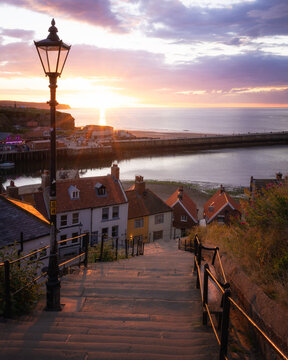 The 199 Steps of Whitby at sunset, Whitby, North Yorkshire, England, United Kingdom