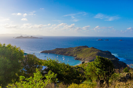 Hilltop view of Eastern Caribbean Sea and edges of St. Barths island, Saint Barthelemy, Caribbean