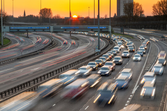 Sunset over M8 motorway traffic, Glasgow, Scotland, United Kingdom