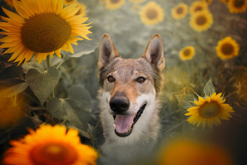 wolfdog in the sunflowers field