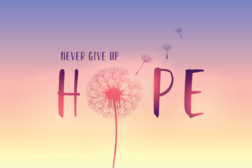 hope typography with dandelion on purple sky background