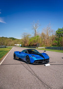 Munich, Germany - June 2022: supercar Pagani Huayra finished in blue.