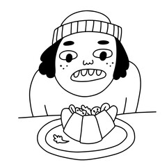 Hand drawn girl or boy wants to eat croissant with tomato and salad. Doodle person sitting by the table in cafe or cafeteria