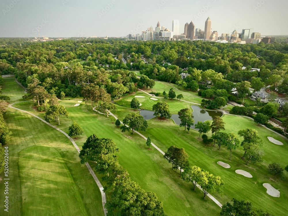Poster aerial view of greenery field surrounded by dense trees in background of buildings in atlanta