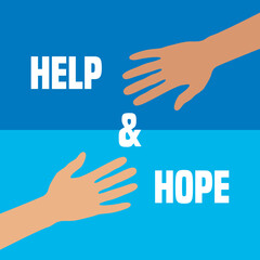 help and hope concept with human hands on blue background