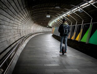 Man driving a monowheel at the tunnel