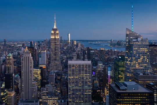 The Empire State Building, Manhattan skyscrapers and the Hudson River at night, Manhattan, New York, United States of America