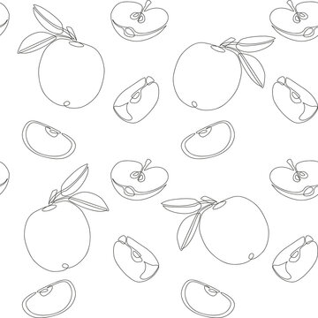 Seamless vector pattern with apples. Continuous stylized modern summer fruits pattern. Hand drawn line apple illustration for backdrop, gift wrapping, wallpaper,textile, fabric, package ets