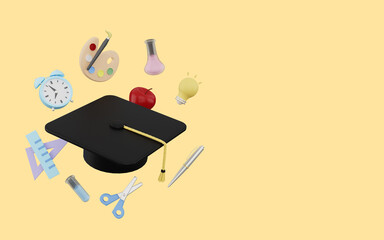 3D illustration of back to school with stationary 