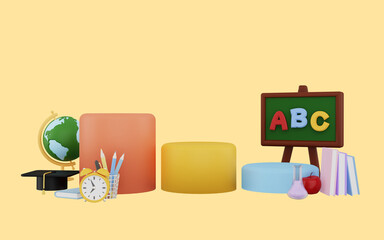 3D illustration of back to school with stationary 