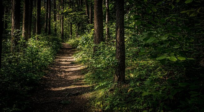 Narrow pathway passing through the forest in Anyksciai, Lithuania