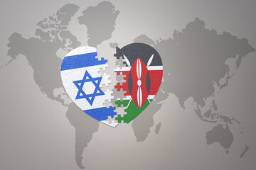 puzzle heart with the national flag of kenya and israel on a world map background.Concept.
