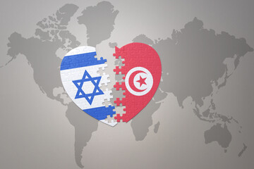 puzzle heart with the national flag of tunisia and israel on a world map background.Concept.