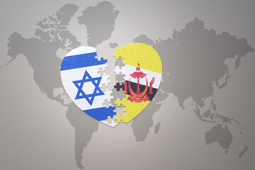 puzzle heart with the national flag of brunei and israel on a world map background.Concept.