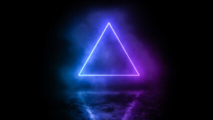 A bright mystical neon triangular portal hanging over a concrete floor in the dark with smoke flying past it, cosmic creative landscape, fantasy modern design, abstract background - 520604878