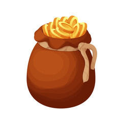 Old bag with golden coins in cartoon style isolated on white background. Money bag, treasure obgect. Ui icon, asset.