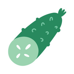 Hand drawn cucumber doodle icon, vector illustration of half of a cucumber with seeds, isolated colored clipart on white background, organic vegetarian eating, farm vegetable food