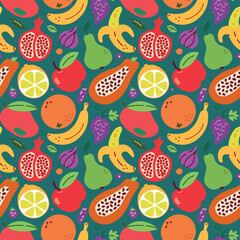 Hand drawn fruit seamless colored pattern on green background, bright vector doodle icons of various fruits, illustrations of apple, orange, banana, colored pattern on green background, healthy fresh 