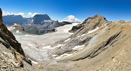 View of the clariden glacier with the glacial lake. Hiking in the Glarus Alps. climate, melting glaciers. High quality photo