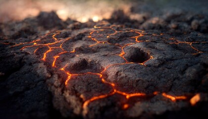 Molten Lava Texture Background. Lana in the cracks of the earth to view, the texture of the glow of volcanic magma in the cracks. 3D Render. 3D Illustration - obrazy, fototapety, plakaty