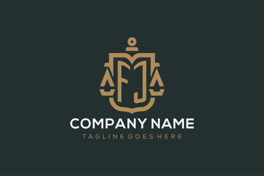 Initial FJ logo for law firm with luxury modern scale and shield icon logo design