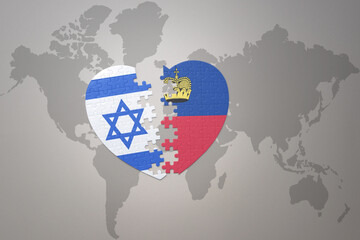 puzzle heart with the national flag of liechtenstein and israel on a world map background.Concept.