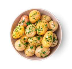 Boiled new potatoes with fresh dill and butter are isolated on a white background. Top view