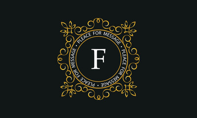 Luxury background of golden color and letter F. Template for design elements of ornament, label, logotype