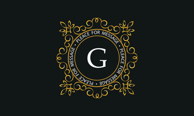 Luxury background of golden color and letter G. Template for design elements of ornament, label, logotype