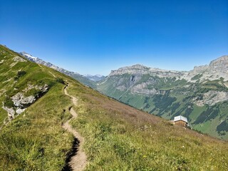 Fototapeta na wymiar hiking trail from the Fisetenpass in Uri. Beautiful path through the alp meadows in summer. Wanderlust in Switzerland. High quality photo