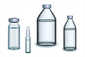 Small medicine or various extracts bottle set. Realistic mock up glass bottles and ampule for vaccine. 3d glass medical containers isolated on white background. Raster illustration