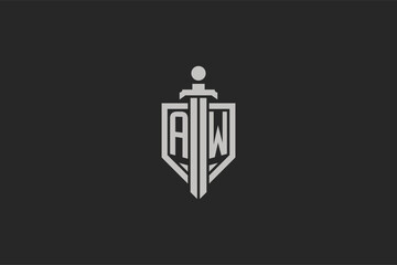 Letter AW logo with shield and sword icon design in geometric style - obrazy, fototapety, plakaty