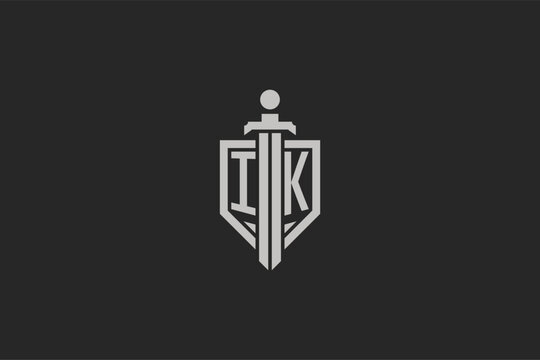 Letter IK logo with shield and sword icon design in geometric style