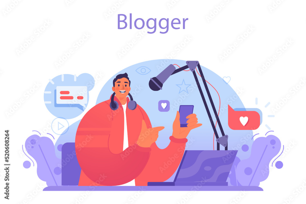 Poster blogger concept. character sharing media content in the internet