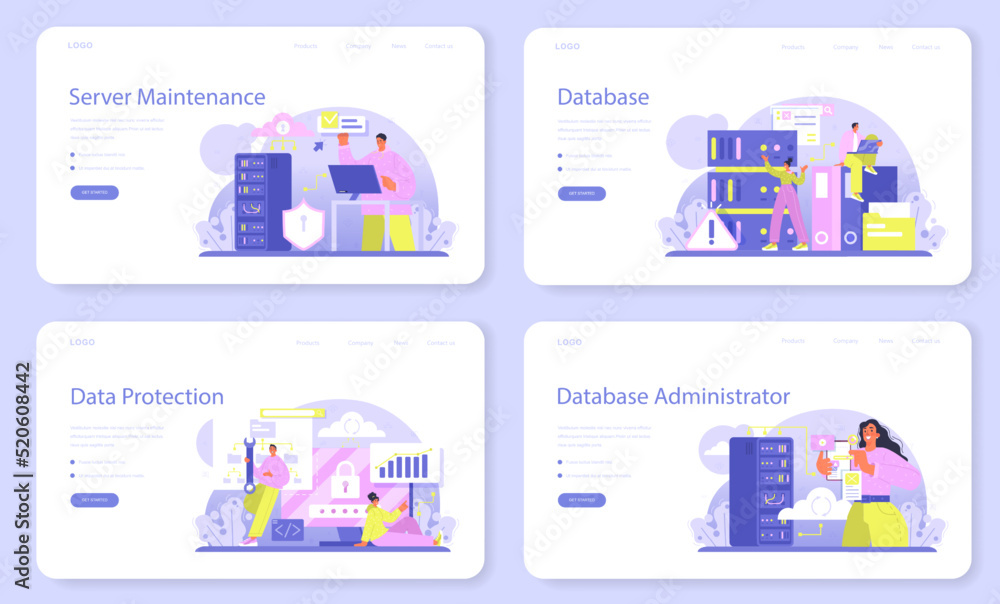 Poster data base administrator web banner or landing page set. manager working