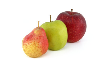 Pear, red and green apples on white background