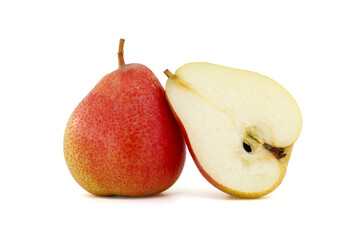 Whole and half cut pears on white background