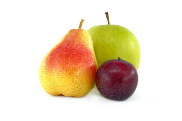 Pear, plum and green apple isolated on white