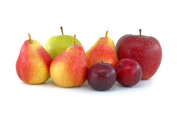 Pears, plums, green and red apples isolated on white