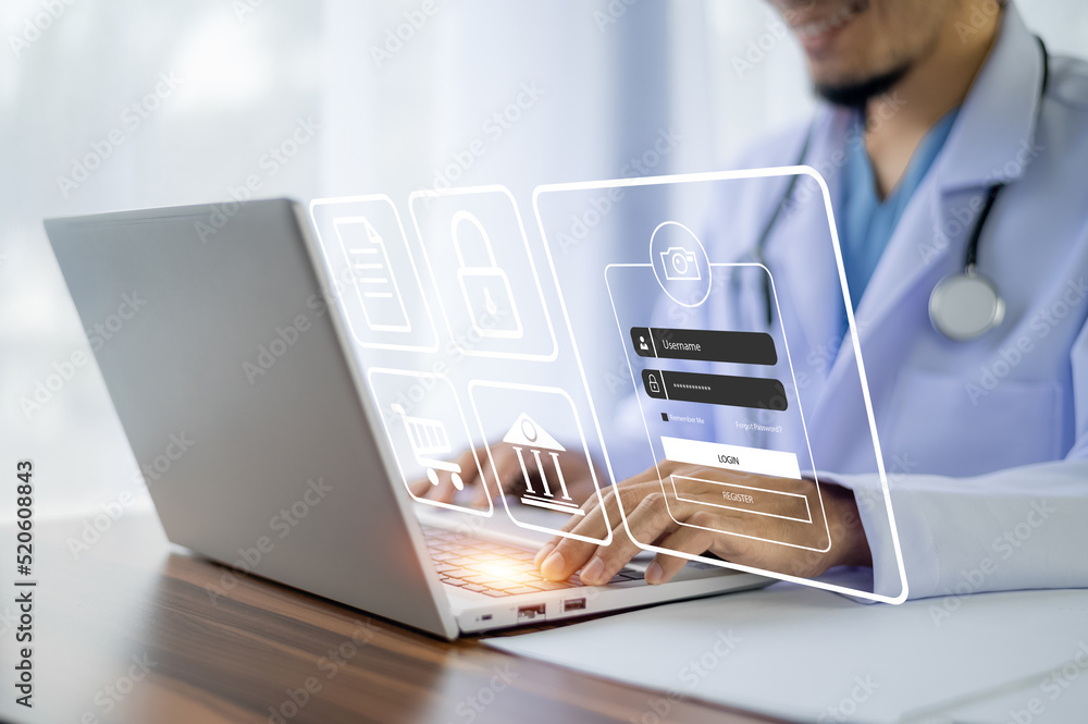 Poster doctor use computer login password connection server data base patient for technology treatment in h