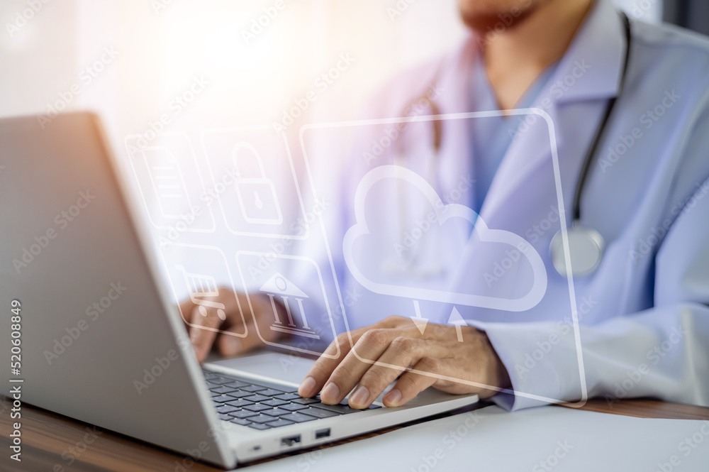 Poster doctor use computer connection server data base patient for technology treatment in hospital