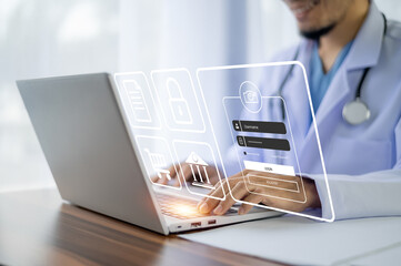 Doctor use computer login password connection server data base patient for technology treatment in hospital
