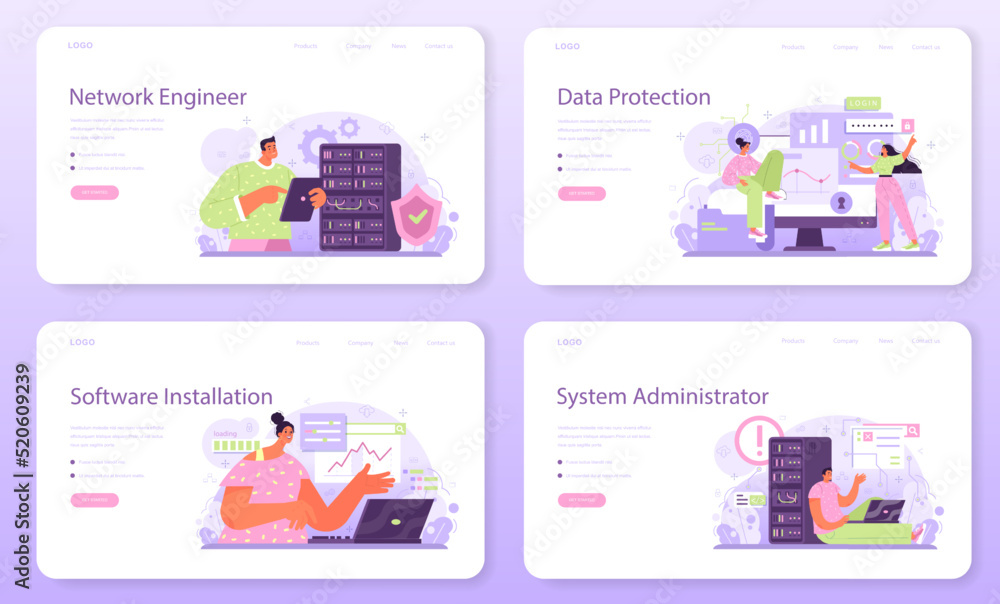 Poster network engineer web banner or landing page set. specialist setting up